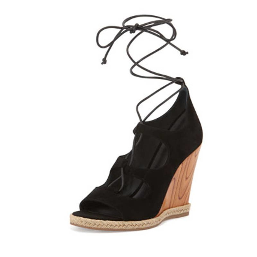 Tory Burch Raya Lace Up Wedge Black Suede Sandal Heel Size 9